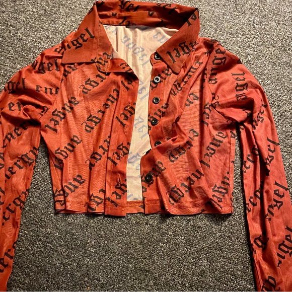 NEW: Orange Mesh “Angel Energy” Button Up Shirt - Picture 3 of 5